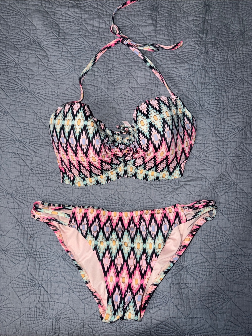 Victoria's Secret Pink, Black & Mint Aztec Halter Bikini Set